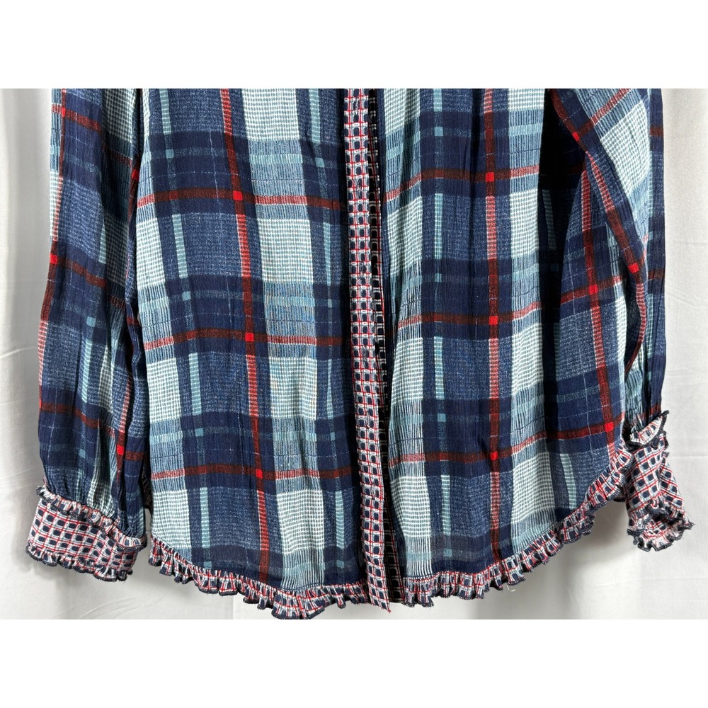 Bila Women's Plaid Long Sleeve Button Up Shirt Ruffle Trim Blue Red Large - Picture 3 of 8